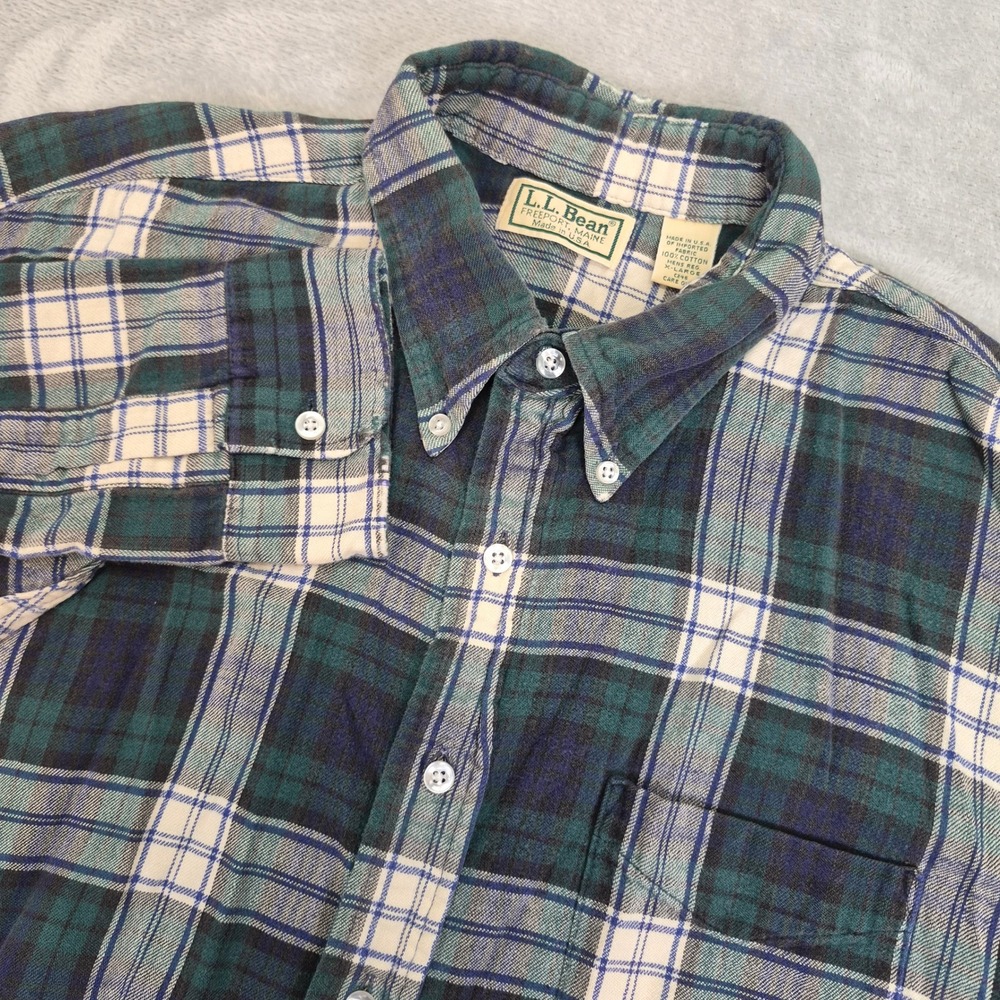 Vintage LL Bean Mens XL Plaid Flannel Shirt Green Navy Blue Made USA Button Down